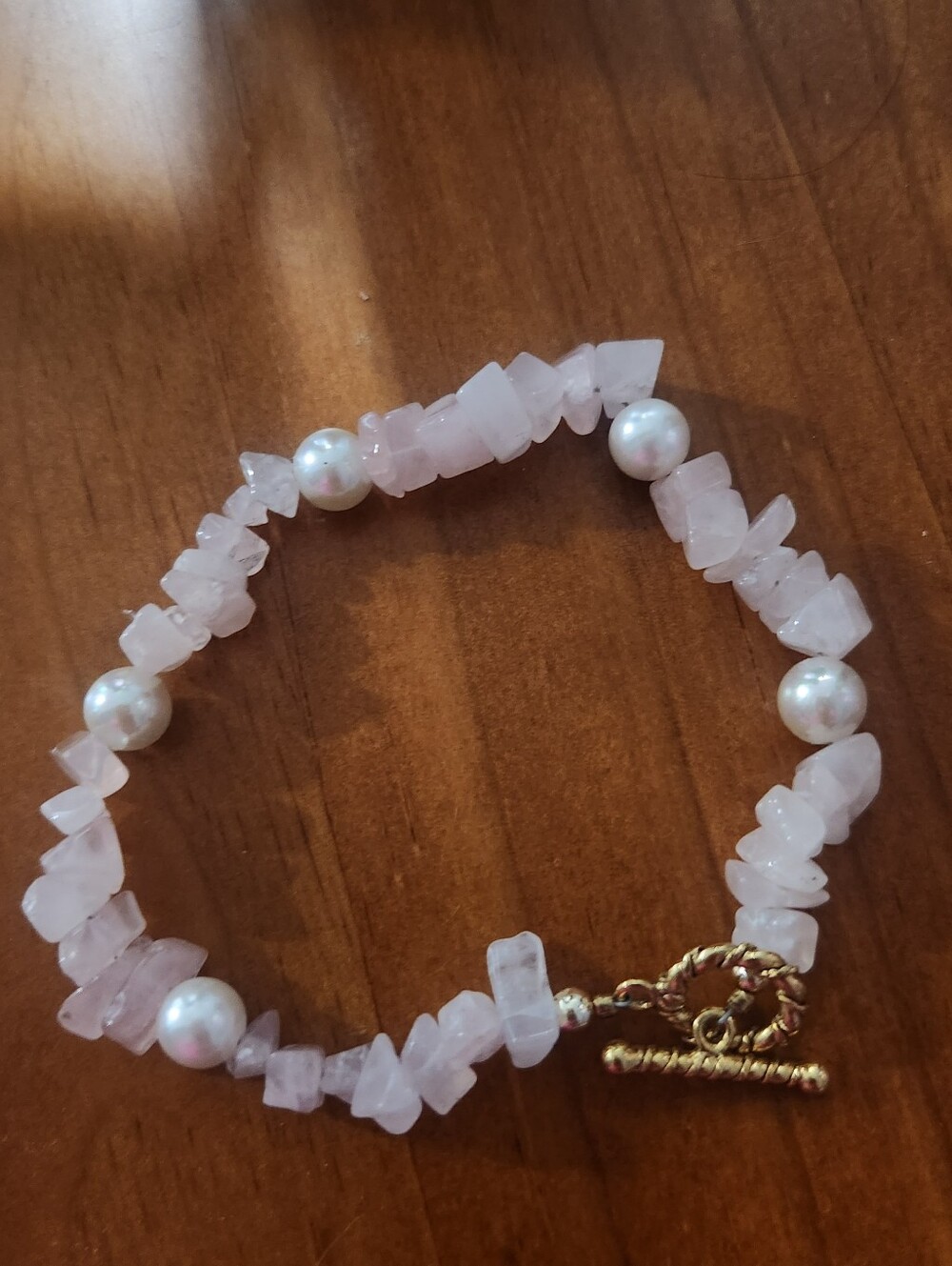 Gold Toggle Rose Quartz & Pearl Bracelet 8"